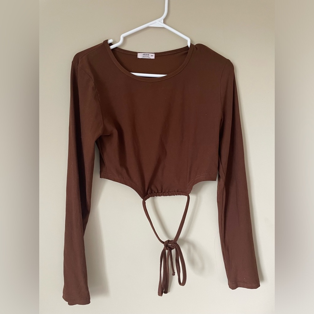 Ardene Brown Long Sleeve Drawstring Crop Top
